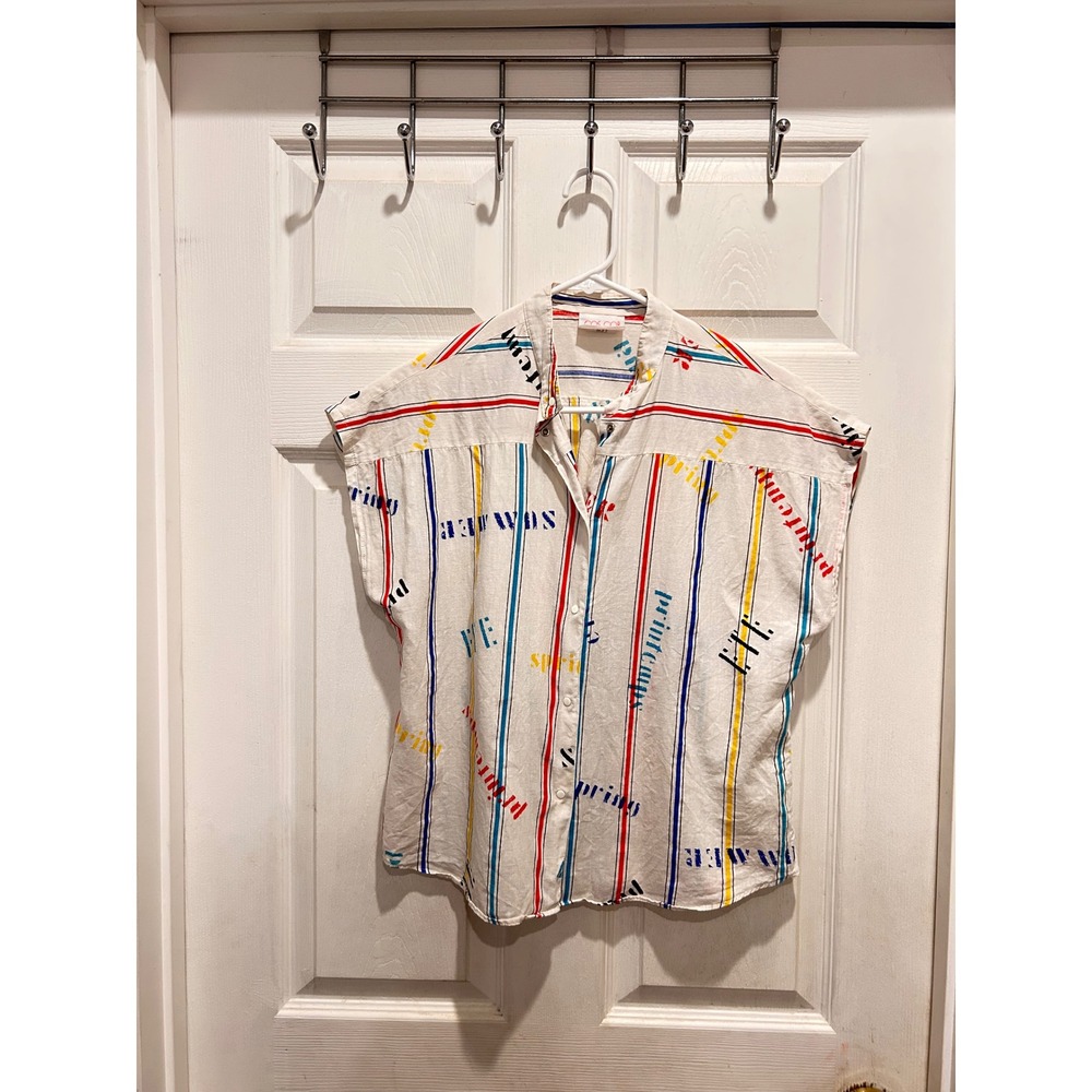 Vintage Cos Cob Women 12 White Striped‎ Novelty Print Button Down Cap Sleeve Top